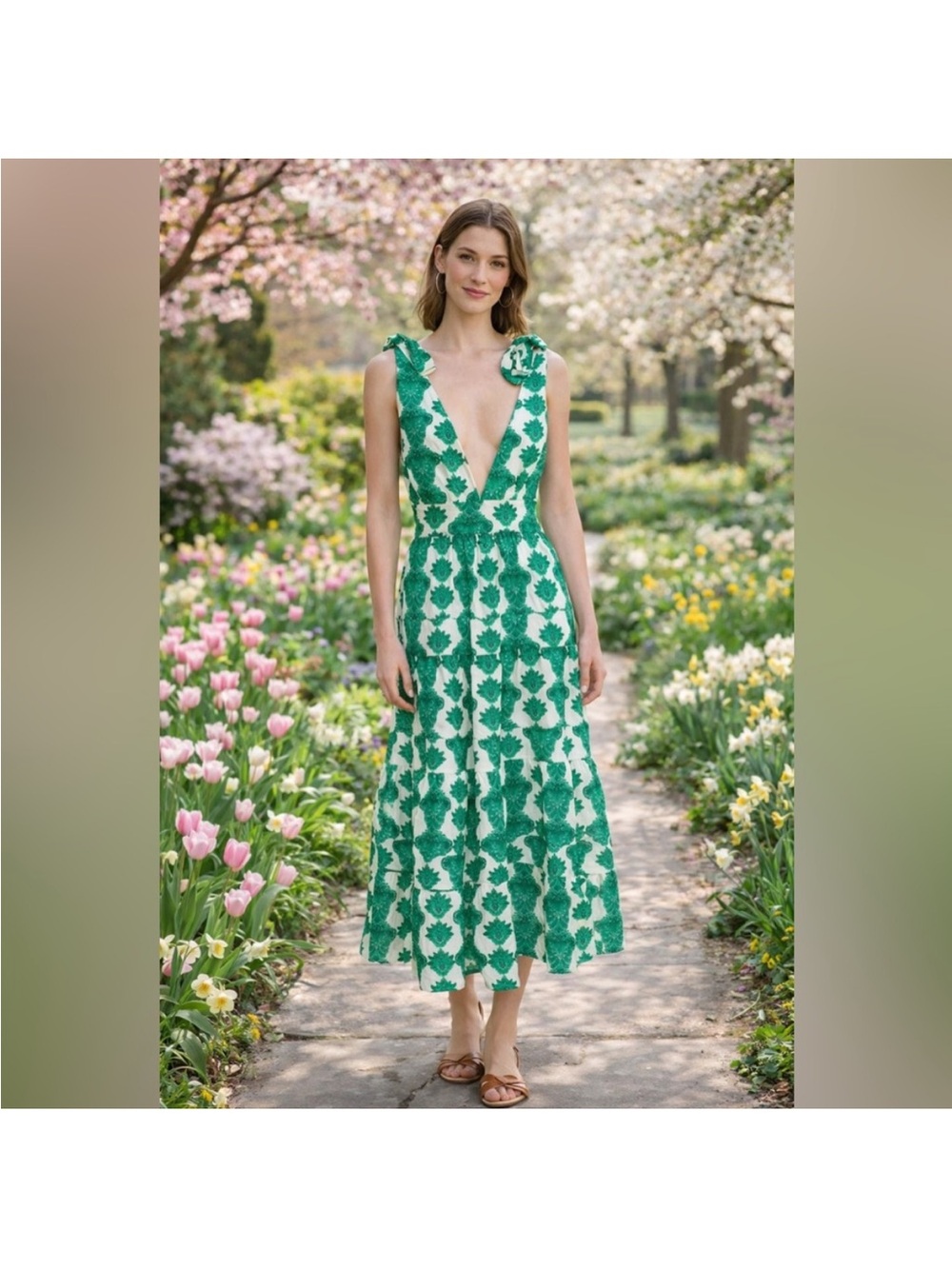 House of Harlow 1960 Green Printed Tiered Dress Linen Sleeveless Women’s Large - Picture 2 of 16